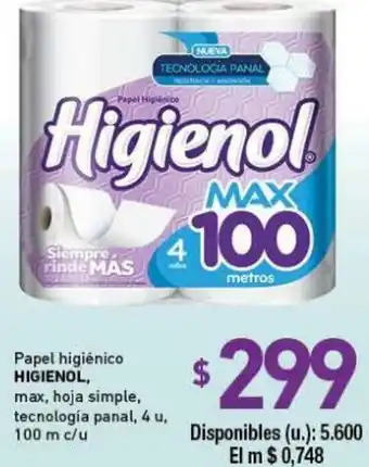 Cooperativa Obrera Higienol Papel Higiénico max, hoja simple tecnologia panal 4u oferta