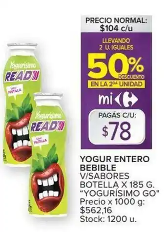 Carrefour Yogur Entero Bebible C/Sabores botella x 185g oferta