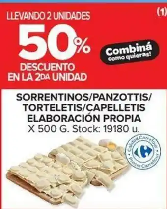 Carrefour Sorrentinos/Panzottis/Torteletis/Capelletis Elaboracion Propia x 500g oferta