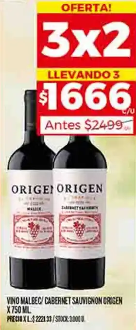 Supermercados DIA VINO MALBEC/ CABERNET SAUVIGNON ORIGEN X 750ML oferta