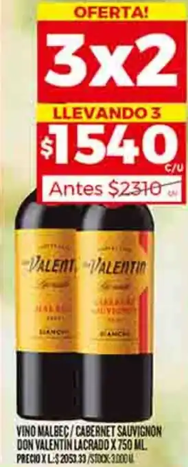 Supermercados DIA VINO MALBEC/CABERNET SAUVIGNON DON VALENTIN LACRADO X 750ML oferta