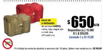 Cooperativa Obrera Pack de 4 Unidades de cerveza Andes rubia, roja , negra 473 cm3 c/u oferta
