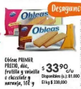 Cooperativa Obrera Obleas Primer Precio, dúc, frutilla y vainilla o chocolate y naranja, 100 g oferta