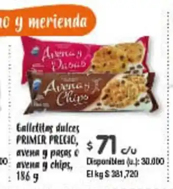 Cooperativa Obrera Galletitas dulces Primer Precio, avena g pasas & avena y chips 186 g oferta