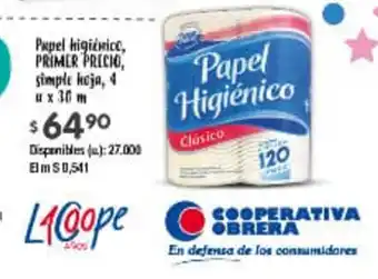 Cooperativa Obrera Papel higienico Primer Precio simple hoja 4 u x 20 m oferta