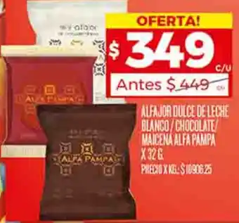 Supermercados DIA ALFAJOR DULCE DE LECHE BLANCO/CHOCOLATE/ MAICENA ALFA PAMPA X 32G oferta