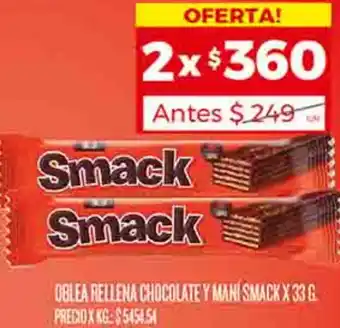 Supermercados DIA OBLEA RELLENA CHOCOLATE Y MANÍ SMACK X 33G oferta