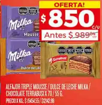 Supermercados DIA ALFAJOR TRIPLE MOUSSE/DULCE DE LECHE MILKA/ CHOCOLATE TERRABUSI X 70/55G oferta