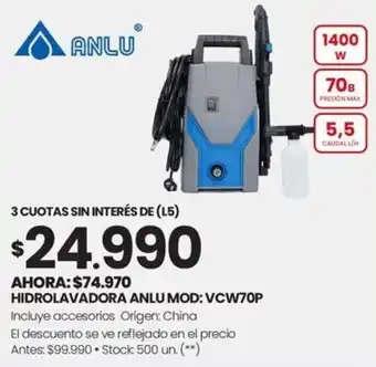 Changomas HIDROLAVADORA ANLU MOD: VCW70P oferta