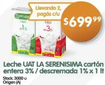 Supermercados Buenos Días Leche UAT LA SERENISIMA cartón entera 3% / descremada 1% x 1It oferta