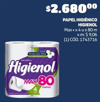Makro PAPEL HIGIÉNICO HIGIENOL Max x 4u x 80m oferta