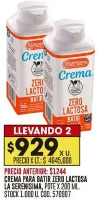 Coto CREMA PARA BATIR ZERO LACTOSA LA SERENISIMA POTE X 200ML oferta