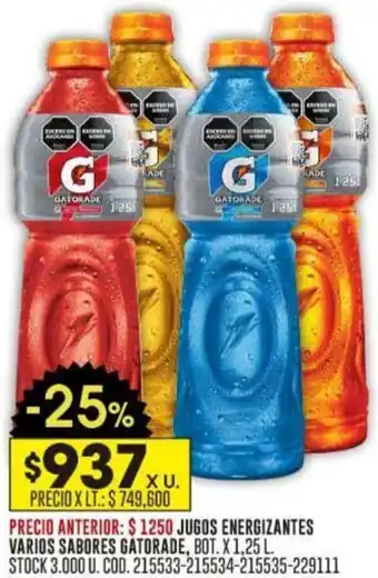 Coto JUGOS ENERGIZANTES VARIOS SABORES GATORADE BOT. X 1,25L oferta