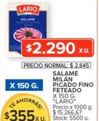 Carrefour SALAME MILÁN PICADO FINO FETEADO X 150 G. "LARIO" oferta
