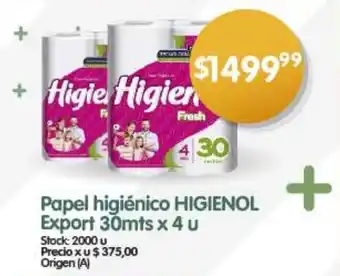 Supermercados Buenos Días Papel higiénico HIGIENOL Export 30mts x 4 u oferta
