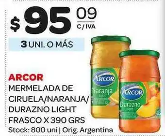 Arcor Mermelada de Ciruela/naranja/durazno Light Frasco x 390grs