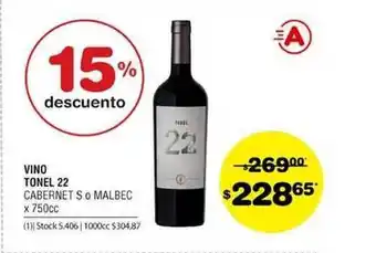 Atomo Conviene Tonel 22 Vino Cabernet S. O Malbec x 750cc oferta
