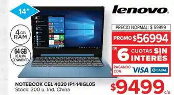 Carrefour Lenovo Notebook Cel 4020 Ip14igl05 oferta