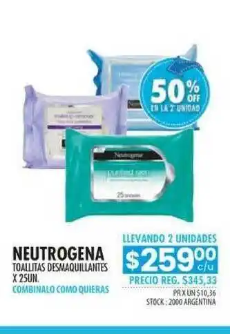 Pigmento Neutrogena Toallitas Desmaquillantes 50% Off En La 2a Unidad x 25un oferta