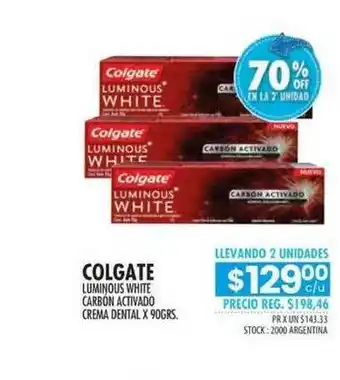 Pigmento Colgate Luminous White Carbon Activado Crema Dental 70% Off En La 2a Unidad x 90grs oferta