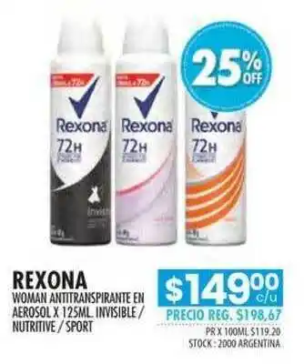 Pigmento Rexona Woman Antitranspirante En Aerosol Invisible Nutritive Sport x 125ml oferta