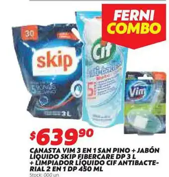 Ferniplast Canasta Vim 3 En 1 San Pino + Jabon Liquido Skip Fibercare Dp + Limpiador Liquido Cif Antibacterial 2 En 1 Dp 450ml oferta