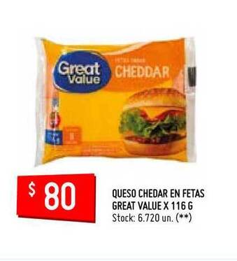 Changomas Great Value Queso Chedar en Fetas x 116g oferta