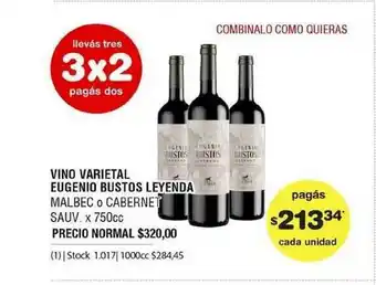 Atomo Conviene Vino Varietal Eugenio Bustos Leyenda Malbec O Cabernet Sauv. x 750cc oferta
