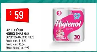 Changomas Higienol Papel Higiénico Simple Hoja Export x 4 un. x 30m c/u oferta