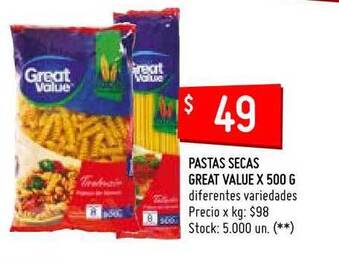 Changomas Great Value Pastas Secas x 500g oferta