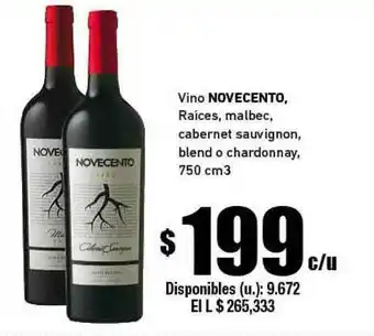 Cooperativa Obrera Novecento Vino Raíces, Malbec, Cabernet Sauvignon, Blend O Chardonnay 750 cm³ oferta