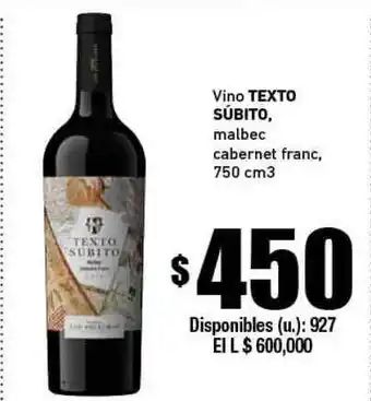 Cooperativa Obrera Texto Súbito Vino, Malbec Cabernet Franc 750 cm³ oferta