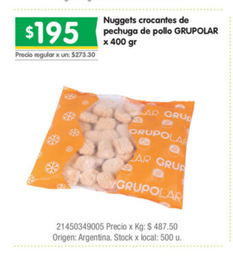 Grupolar Nuggets crocantes de pechuga de pollo x 400gr