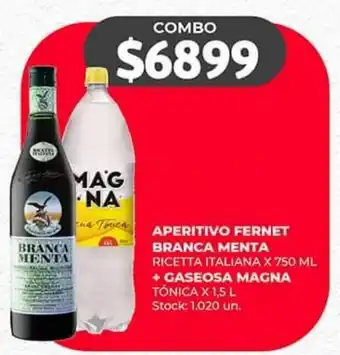 Supermercados Tadicor APERITIVO FERNET BRANCA MENTA RICETTA ITALIANA X 750 ML + GASEOSA MAGNA TÓNICA X 1,5 L oferta