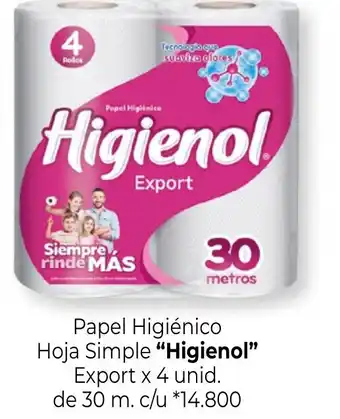 La Anonima Higienol Papel Higiènico Hoja Simple Export x 4 unid. de 30 m. c/u oferta