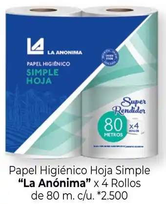 La Anonima La Anónima Papel Higiènico Hoja Simple x 4 Rollos de 80 m. c/u. oferta