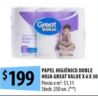 Punto Mayorista Great Value Papel Higienico Doble hoja x 6 x30 oferta