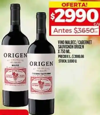 Supermercados DIA VINO MALBEC/CABERNET SAUVIGNON ORIGEN X 750ML oferta