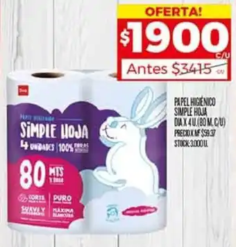 Supermercados DIA PAPEL HIGIENICO SIMPLE HOJA DIA X 4U oferta