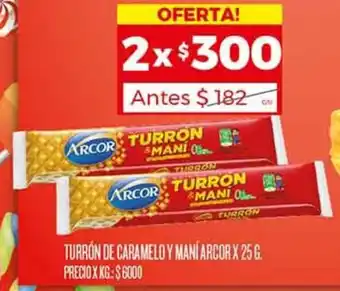 Supermercados DIA TURRÓN DE CARAMELO Y MANÍ ARCOR X 25G oferta
