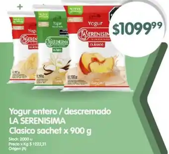 Supermercados Buenos Días Yogur entero / descremado LA SERENISIMA Clasico sachet x 900g oferta