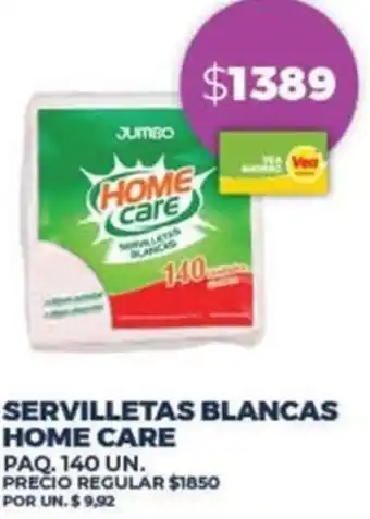 Supermercados Vea SERVILLETAS BLANCAS HOME CARE PAQ. 140UN oferta
