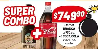 Almacor 1 fernet Branca x 750 cc + 1Coca Cola x 1500 cc combo oferta