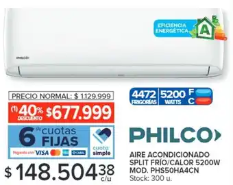 Carrefour PHILCO AIRE ACONDICIONADO SPLIT FRÍO/CALOR 5200W MOD. PHS50HA4CN oferta