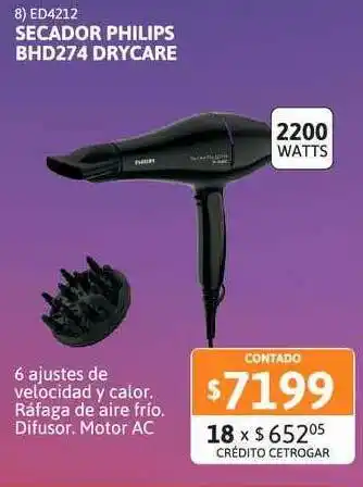 Cetrogar Secador Philips Bhd274 Drycare oferta