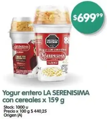 Supermercados Buenos Días Yogur entero LA SERENISIMA con cereales x 159g oferta
