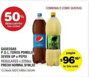 Atomo Conviene Gaseosas P.d.l. Toros Pomelo Seven Up O Pepsi x 2250cc oferta