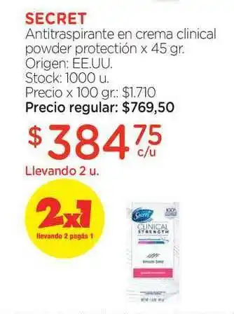 Farmacity Secret Antitranspirante En Crema Clinical Powder Protectión oferta