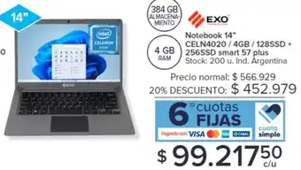 Carrefour Notebook 14" CELN4020/4GB/128SSD + 4 GB 256SSD smart 57 plus oferta