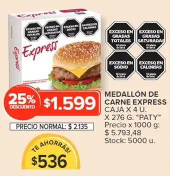 Carrefour MEDALLÓN DE CARNE EXPRESS CAJA 4 U. X 276G oferta